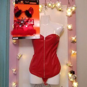 Sexy (6XL) Red Devil Faux Leather Corset and Glitzy Feather Trimmed Acessories